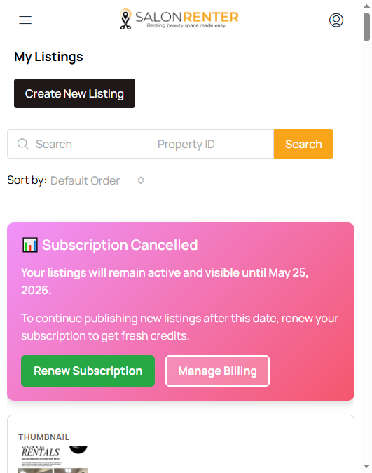 My Listings page with expired banner